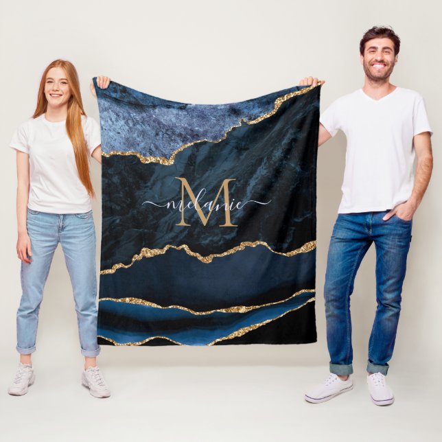 Monogram Namn Agate Navy Blue Guld Gemstone Marble Fleecefilt (På plats)