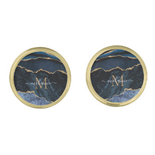Monogram Namn Agate Navy Blue Guld Gemstone Marble Guldpläterade Manschetterknappar