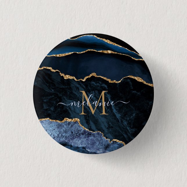 Monogram Namn Agate Navy Blue Guld Gemstone Marble Knapp (Framsida)