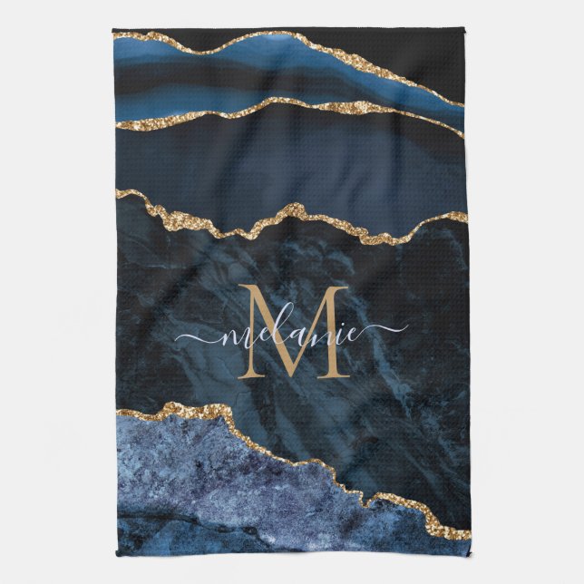 Monogram Namn Agate Navy Blue Guld Gemstone Marble Kökshandduk (Vertikal)