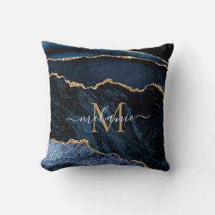 Monogram Namn Agate Navy Blue Guld Gemstone Marble Kudde