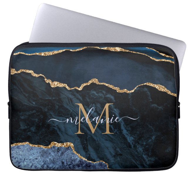 Monogram Namn Agate Navy Blue Guld Gemstone Marble Laptop Fodral (Framsidan)