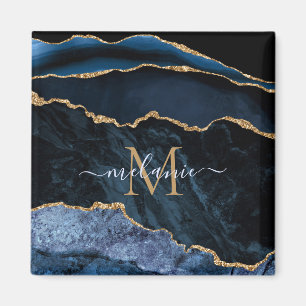 Monogram Namn Agate Navy Blue Guld Gemstone Marble Magnet