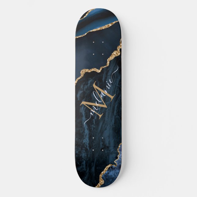 Monogram Namn Agate Navy Blue Guld Gemstone Marble Mini Skateboard Bräda 18,5 Cm (Framsida)