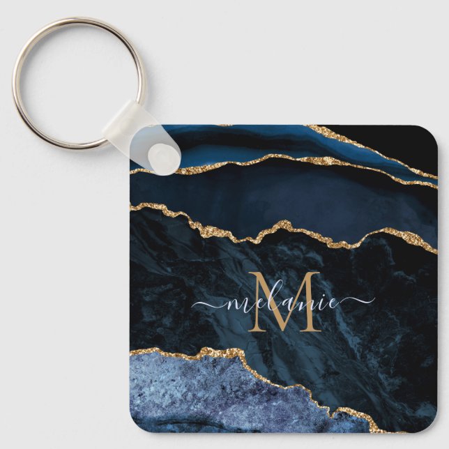 Monogram Namn Agate Navy Blue Guld Gemstone Marble Nyckelring (Framsida)