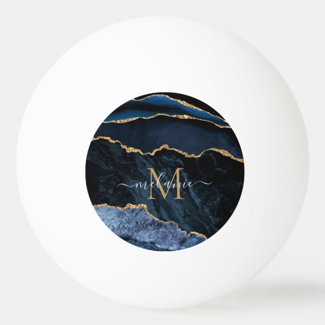 Monogram Namn Agate Navy Blue Guld Gemstone Marble Pingisboll (Framsidan)