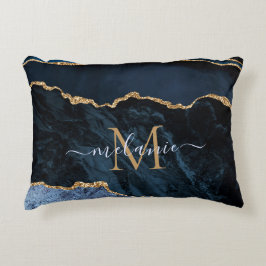 Monogram Namn Agate Navy Blue Guld Gemstone Marble Prydnadskudde