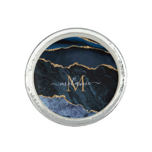 Monogram Namn Agate Navy Blue Guld Gemstone Marble Ring
