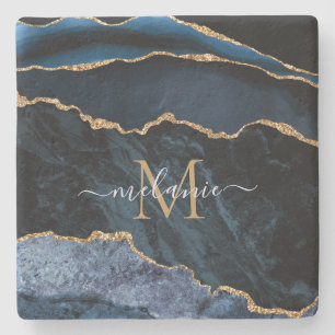 Monogram Namn Agate Navy Blue Guld Gemstone Marble Stenunderlägg