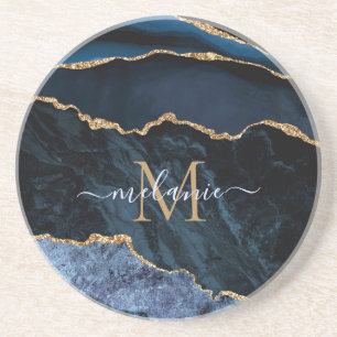 Monogram Namn Agate Navy Blue Guld Gemstone Marble Underlägg