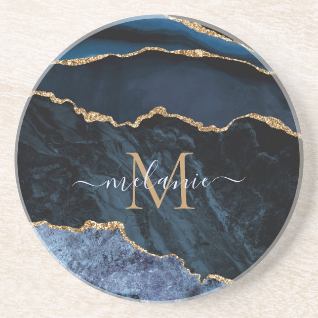 Monogram Namn Agate Navy Blue Guld Gemstone Marble Underlägg (Framsidan)