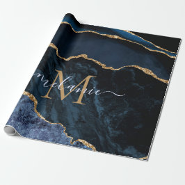 Monogram Namn Agate Navy Blue Guld Marble Gift Presentpapper