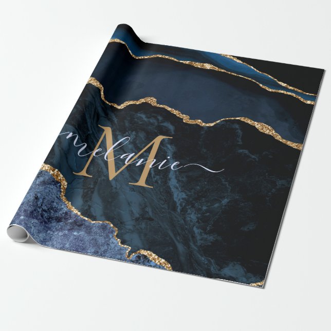 Monogram Namn Agate Navy Blue Guld Marble Gift Presentpapper (Utrullad)