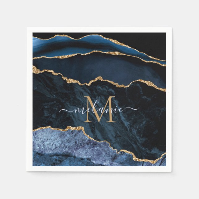 Monogram Namn Agate Navy Blue Guld Marble Napkins Pappersservett (Framsidan)