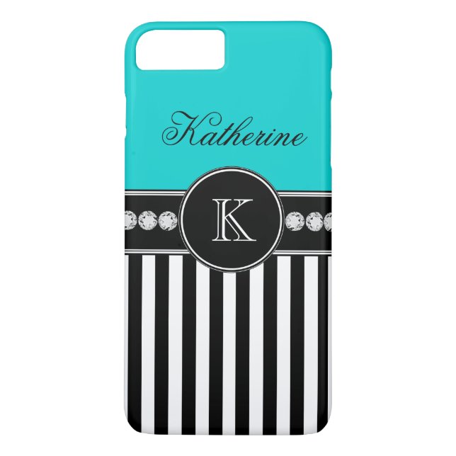 Monogram Namn Aqua Black Stried Mönster Case-Mate iPhone Skal (Baksida)
