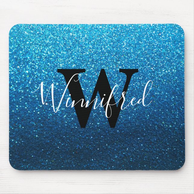 Monogram Namn Baby blue Ombre Glitter Sparkles Musmatta (Framsidan)