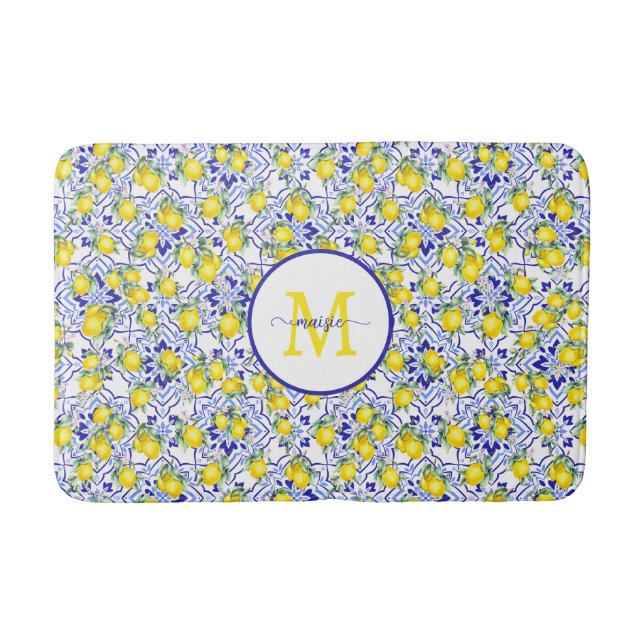 Monogram Namn Blå Kakel Fransk Landsbygd Citron Badrumsmatta (Framsidan)