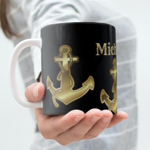 Monogram Namn Black & Faux Guld Nautical Anchor Jumbo Mugg