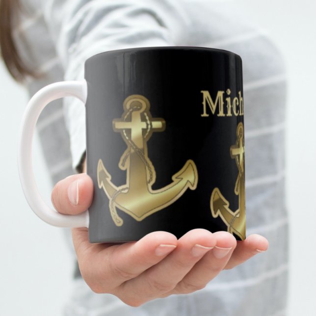 Monogram Namn Black & Faux Guld Nautical Anchor Jumbo Mugg (Skapare uppladdad)