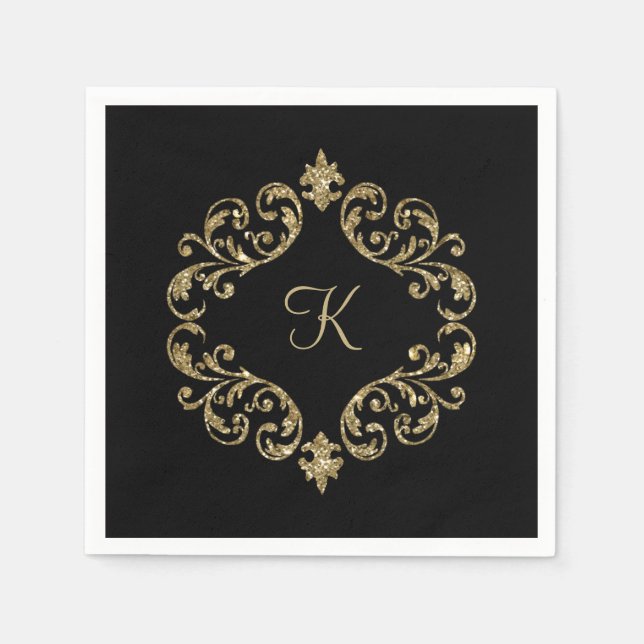 Monogram Namn Black Guld Bröllop Forme Party Pappersservett (Framsidan)