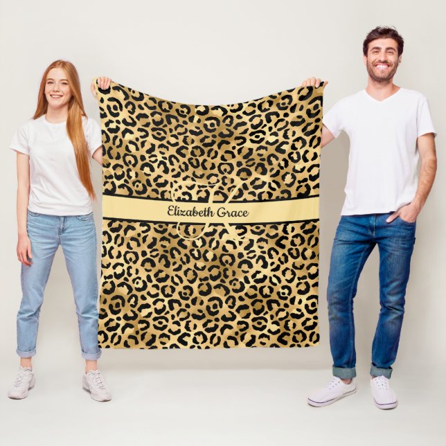 Monogram Namn Black Guld Leopard Skriv ut Cheetah Fleecefilt (På plats)