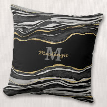 Monogram Namn Black Marble Agate Guld Glitter