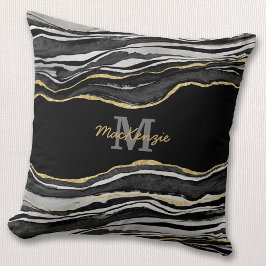 Monogram Namn Black Marble Agate Guld Glitter Kudde