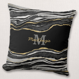 Monogram Namn Black Marble Agate Guld Glitter Kudde