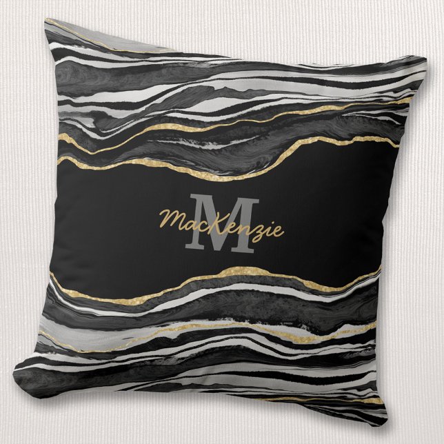 Monogram Namn Black Marble Agate Guld Glitter Kudde (Skapare uppladdad)