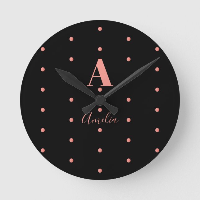 Monogram Namn Black Ro Guld Polka dots Rund Klocka (Framsida)