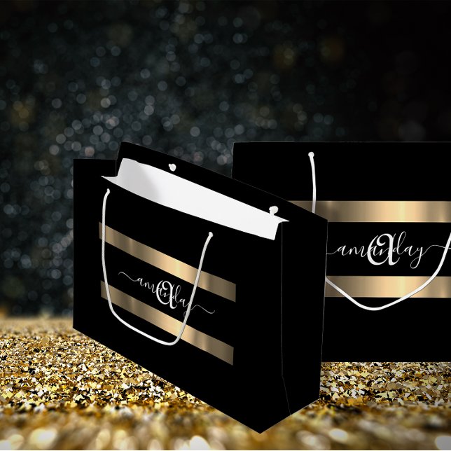 Monogram Namn Black White Guld Birthday Bröllop (Monogram Name Black White Gold Birthday Wedding Large Gift Bag)