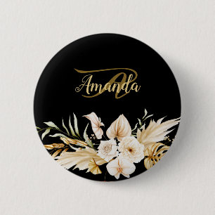 Monogram Namn Blommig Guld Svart Elegant Modern Knapp