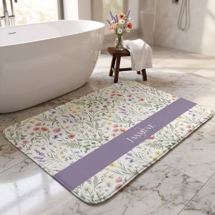 Monogram Namn Blommig Vildblomma Boho Lavendel Chi Badrumsmatta