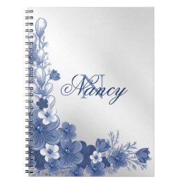 Monogram Namn Blommigt Blue Silver Grått Elegant Anteckningsbok