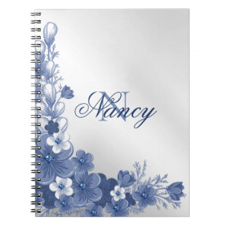 Monogram Namn Blommigt Blue Silver Grått Elegant Anteckningsbok