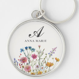 Monogram Namn Blommigt Boho Chic Rund Silverfärgad Nyckelring