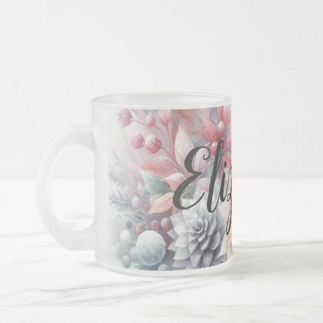 Monogram namn blommigt jul, pastellfärgning,  frostad glasmugg (Vänster)