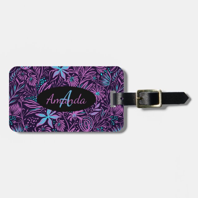 Monogram Namn Blommigt Rosa Lila  Teal Black Moder Bagagebricka (Horisontell Framsida)