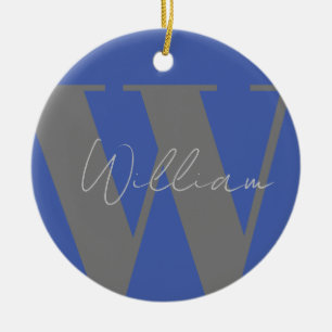 Monogram namn blue grått snyggt modern presentdesi julgransprydnad keramik