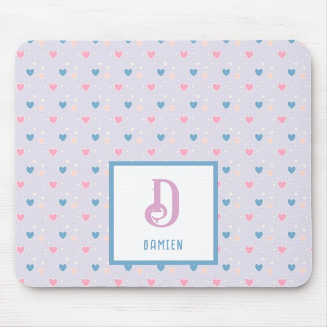 Monogram Namn Blue & Rosa Hearts Mönster Mouse Pad Musmatta (Framsidan)