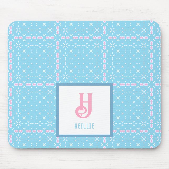 Monogram Namn Blue & Rosa Inslag Mönster Musmatta (Framsidan)