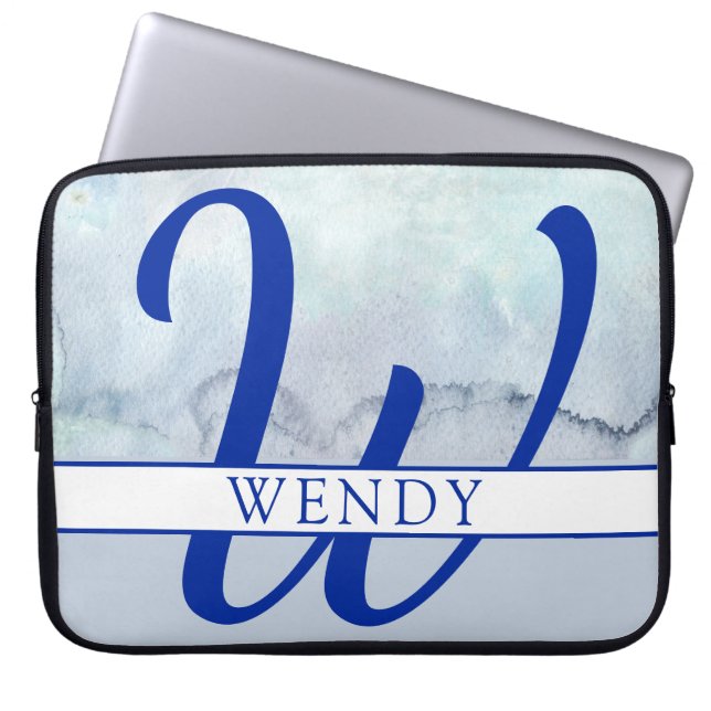 Monogram Namn Blue Watercolor Laptop Fodral (Framsidan)