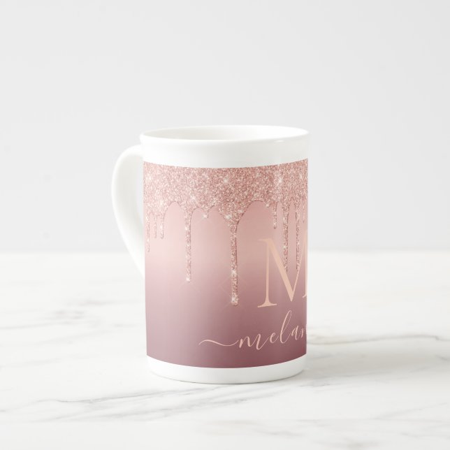 Monogram Namn Brev Ro Guld Glitter Mugg Benporslin Mugg (Framsida vänster)