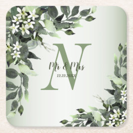 Monogram Namn Bröllop Greenery Blommigt Löv Underlägg Papper Kvadrat