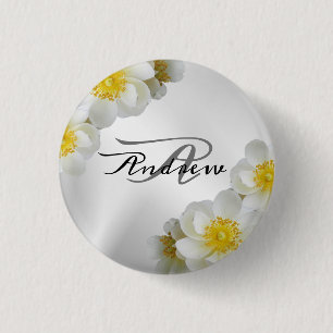 Monogram Namn Bröllopsfest Gift Blommigt White Knapp