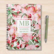 Monogram Namn Cherry Blommar Watercolor Blommigt