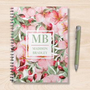 Monogram Namn Cherry Blommar Watercolor Blommigt Anteckningsbok
