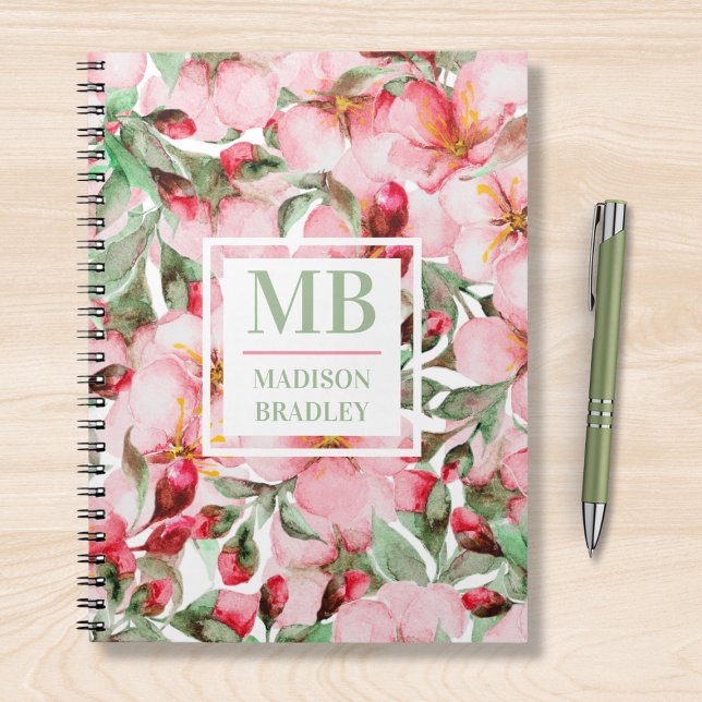 Monogram Namn Cherry Blommar Watercolor Blommigt Anteckningsbok (Skapare uppladdad)
