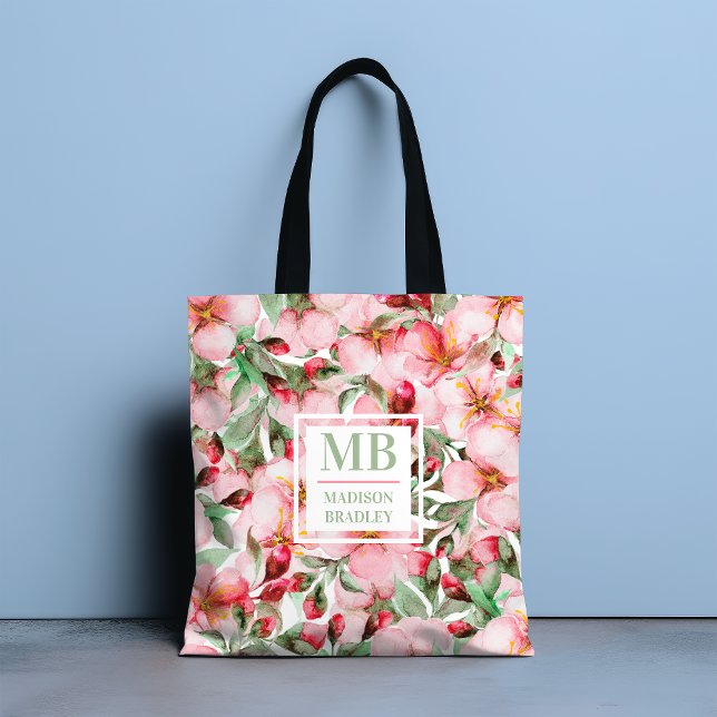 Monogram Namn Cherry Blommar Watercolor Blommigt Tygkasse (Skapare uppladdad)