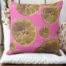 Monogram namn citronskivor shock rosa gult girly kudde
